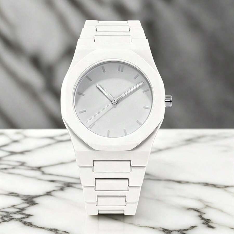 1pc Men's Octagonal Minimalist Quartz Watch, Pure White Minimalist Dial, Integrated All-White Strap, Large Size Business Casual Daily Wear Watch, Unisex Gift - White - View 1