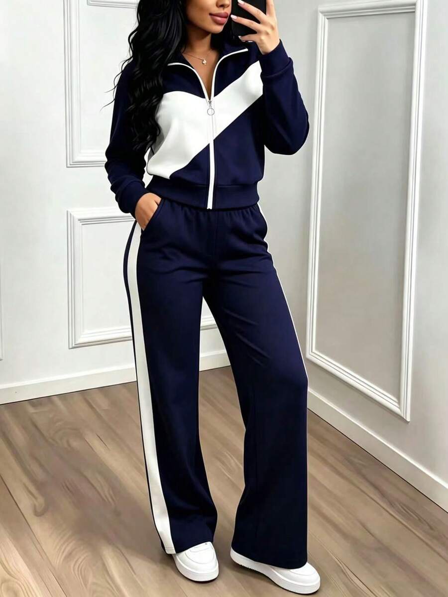 春秋熱銷女款兩件套,時尚舒適拼色拼接運動拉鍊夾克與休閒長褲 - 藏青色+白色 - 查看 1