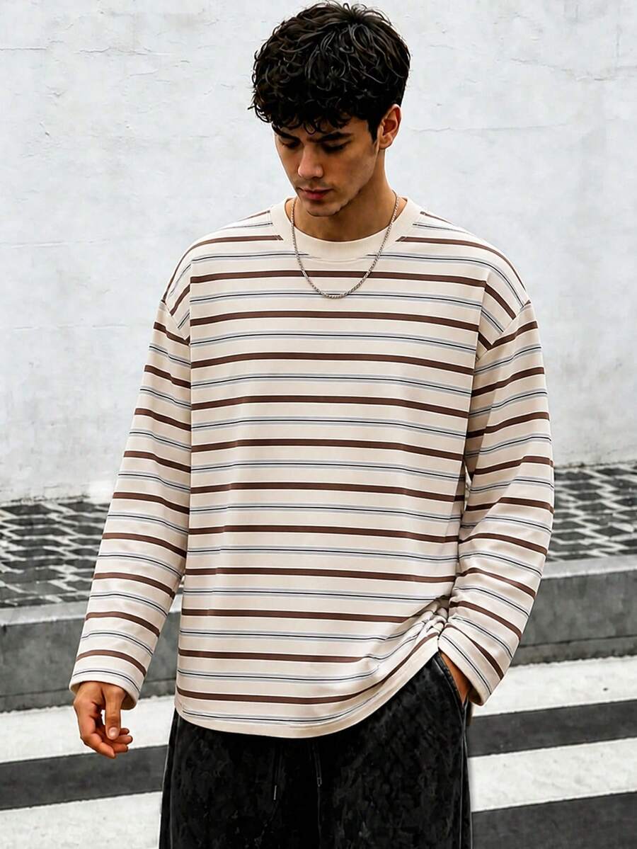 Kaos Lengan Panjang Bergaris Leher Bulat Pria Zrgoth, Atasan Kasual Dasar dengan Potongan Longgar - Aprikot - View 1