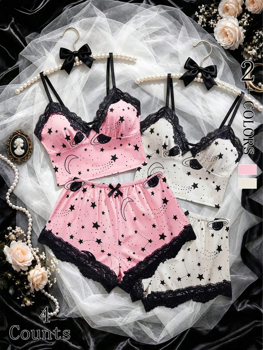 Sexy Women's Star Pattern Pajama Set, V-Neck Lace Bow Striped Knit Halter Top And Shorts, Comfortable Soft Home Sleepwear Set - Multicolor - View 1