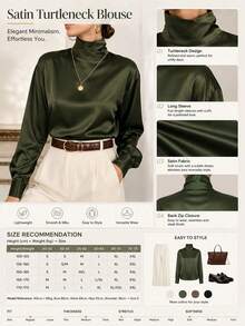 Atasan Wanita Elegan Warna Polos Kerah Tinggi Lengan Panjang Kasual Minimalis untuk Musim Semi/Gugur - Dark Green - View 6