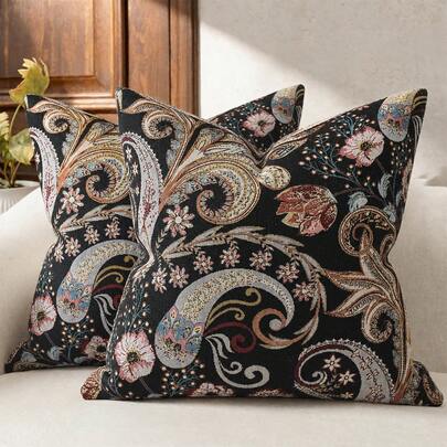 1PC (Pillow Insert Not Included) Woven Jacquard Sofa Soft Cushion Cover, Abstract Oil Painting Texture Throw Pillow Case, Autumn/Winter Seasonal Home Decor Cushion Cover, Black & Blue Paisley Floral
