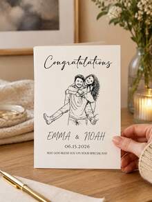 1PC Personalized Custom Wedding Card Couple Line Art Drawing From Photo, Elegant Bride Groom Portrait Illustration Congratulations Greeting With Envelope, Rustic Wedding Day Gift For Newlyweds Engaged Couples Friends Sister - Multicolor - View 7