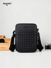 saroxi Men's Crossbody Shoulder Bag With Side Pocket, Small Pouch Bag, Multi-Functional For Commuting Casual, Phone Bag, Minimalist Rivet Decor, Sling, Urban - Black - View 2
