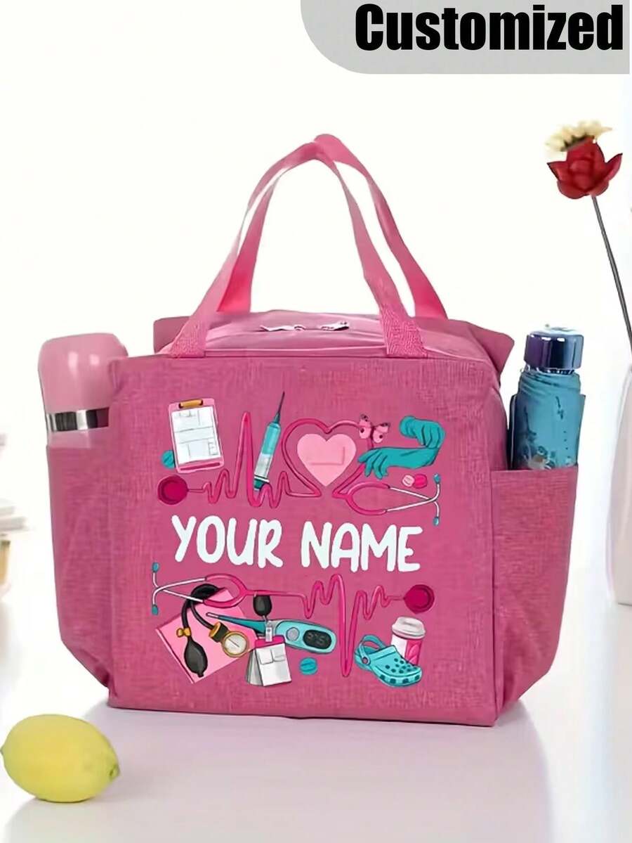 1PC Customized Name Nurse Tote Bag, Personalized Lunch Bag With Nurse-Themed, Custom Name, Themed Design With Heartbeat & Stethoscope Print - Multicolor - View 1