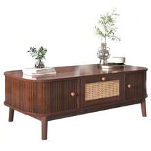 Coffee Table - Rattan Coffee Table, Drawers With Rattan And Sliding Doors With Solid Wood Slats, Solid Wood Legs, Natural Country Style. - Natural + MDF - View 2