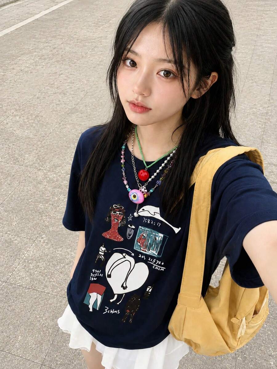 女款寬鬆版型圓領短袖字母與花卉印花T恤,春/夏休閒款 - 深藍 - 查看 1