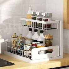 2-Tier Under Sink Storage Rack With Pull-Out Basket, Space-Saving Pipe Design Under Sink Organizer, Drill-Free Sliding Cabinet Storage Rack, Suitable For Kitchen, Bathroom, Cabinet And Cleaning Supplies - Black - View 10