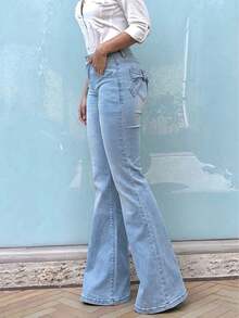 Women's Casual Skinny Bow Decor Elastic Flare Leg Jeans - Light Wash - View 4