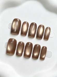 Shecass Medium Square Press On Nails Champagne Gold Glossy Fake Nails, Shiny Reusable Manicura For Daily Dating Wedding Party Banquet,Y2K Nails,Fall Winter Nail,Short Nails Art,Glue‑On Nails,Brown Cat Eye Gradient Glossy Manicura, Shimmer Moonlight - Multicolor - View 3