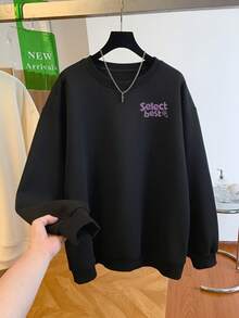 Korean Niche Purple Select Best Small Logo Crew Neck Sweatshirt Black Loose Slouchy Daily Commute Autumn Top - Black - View 4