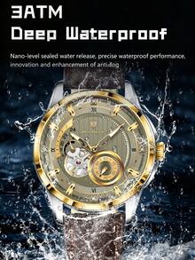 POEDAGAR 1pc Business Men's PU Leather Automatic Mechanical Skeleton Tourbillon Watch, Fashion Waterproof Luminous Wristwatch For Daily Occasions, Men's Gift - one-size - View 7