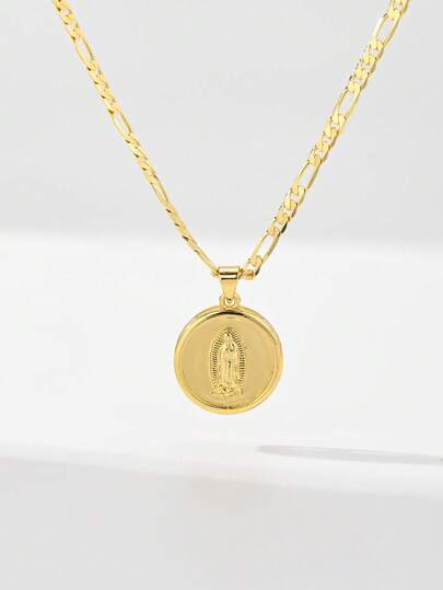 1PC European And American Classic Religious Element 14k Gold Plated Copper Small Size Suitable For Layering Vintage Gold Round Polished Embossed Saint Medal Our Lady Of Guadalupe/Virgin Mary Heart Guardian Light Limited Edition Necklace, Suitable For Christmas/Thanksgiving/Halloween/Mother's Day/Valentine's Day Couples/Friends/Fellow Believers Gift, Catholic First Communion, Gift, Daily Holiday Wear And Prayer