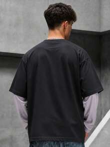 Krometka 男士哥德復古十字架與玫瑰 2 合 1 長袖 T 恤，深色滿版印花拼接層次感寬鬆上衣 - 黑色 - 查看 4