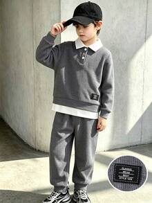 2pcs/Set Boys Casual Letter Patchwork & Colorblock Long Sleeve Polo Top With Solid Long Pants Outdoor Outfit, Spring/Autumn - Grey - View 1