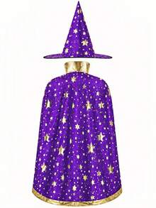 2pcs Halloween Satin Gold Foil Star Cape & Hat Set, Adult Wizard Magician Witch Costume, Stage Performance And Party Outfit - Multicolor - View 4
