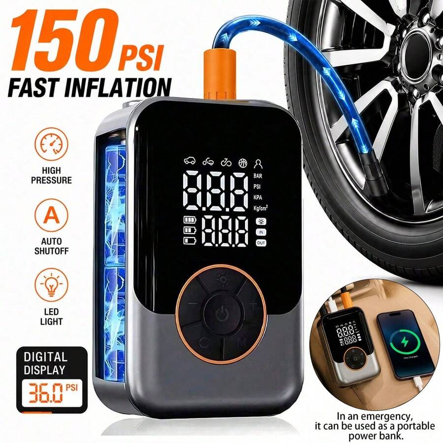 Portable Tire Inflator, Cordless Air Compressor, Rechargeable Electric Tire Pump With Digital Pressure Gauge, Led Light, Auto Shut-Off, 150psi Fast Inflation For Cars, Motorcycles, Bicycles & Balls.7.4V 2000mAh