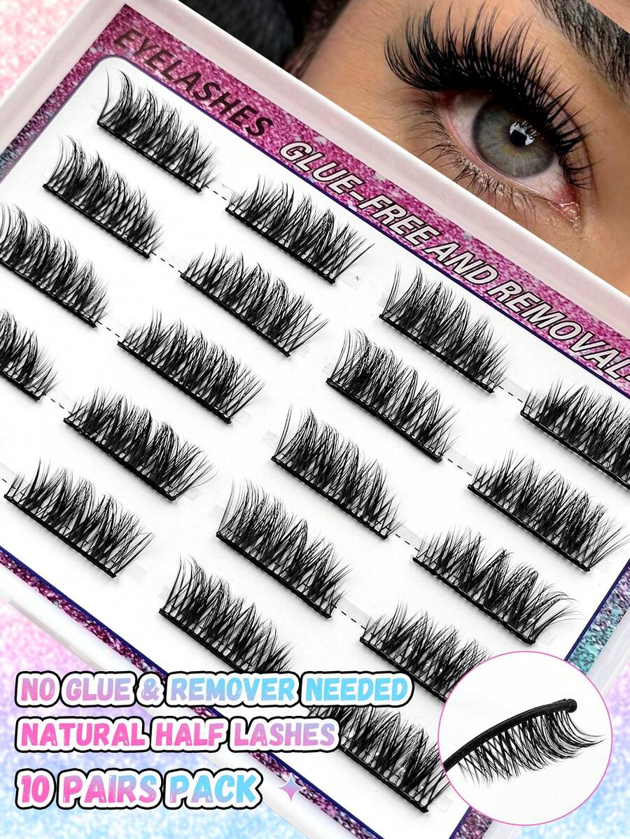 Sibeuna 10 Pairs Self-Adhesive Strip False Eyelashes, Half-Length Cat Eye Style, Pre-Glued, Faux Mink, Waterproof, Suitable For Daily Eye Makeup, Beginner-Friendly - Black - View 1