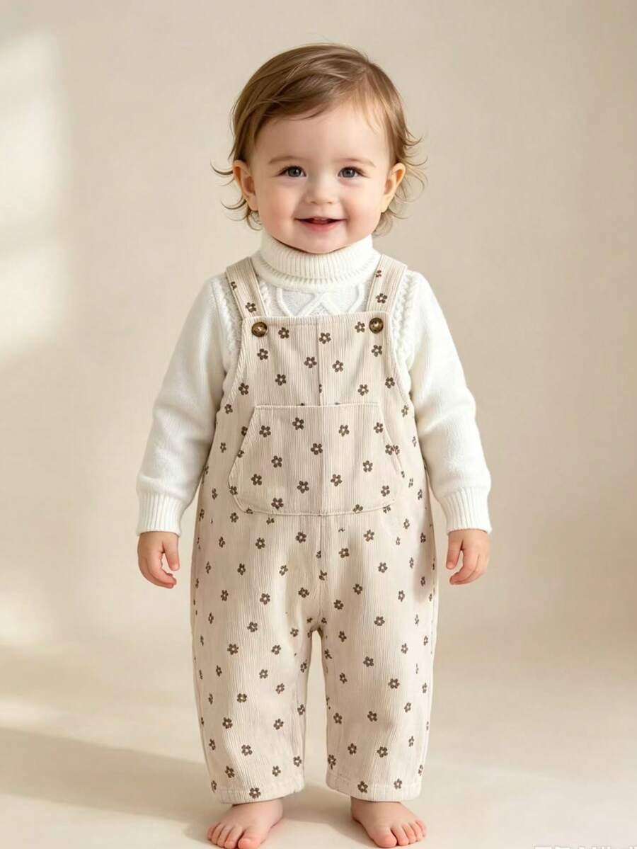 1pc Baby Girl Apricot Corduroy Ditsy Floral Overalls, Adjustable Straps, Pockets, Vintage Style Romper - Beige - View 1