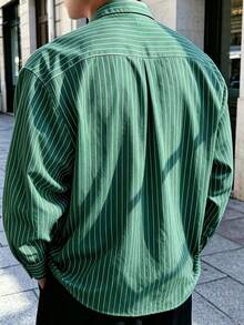 男士單排扣休閒通勤條紋短版長袖襯衫 - 墨綠色 - 查看 5