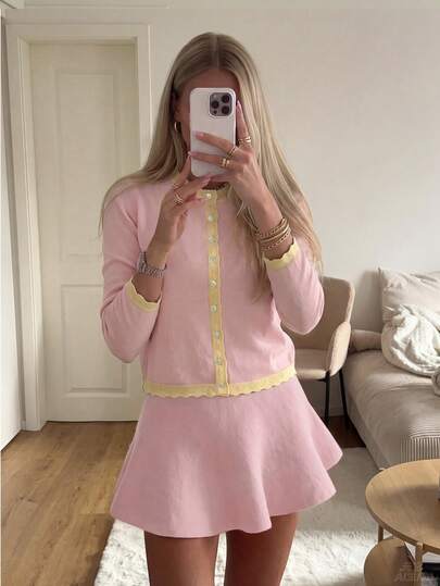 Elegant Women's Casual Autumn/Winter Pink Cardigan, Long Sleeve Knit Top, Yellow Ruffle Hem, Front Button Closure Cardigan, Back To School Fall