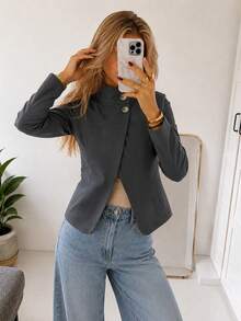 Women Fall Elegant Retro Asymmetrical Button Stand Collar Long Sleeve Diagonal Wrap Slim Fit Outerwear, Daily Office Going Out Commute Fall Outfit - Dark Grey - View 8
