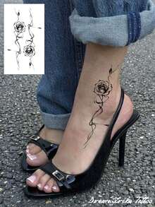 1pc Y2K Sexy Snake & Rose Art Pattern Tattoo Sticker, Herbal Juice Temporary Tattoo, Waterproof & Easy To Use, Suitable For Arms, Ankles And More, Disposable Fake Tattoo, Essential For Parties, Gifts, Decoration, Photography - Black - View 1
