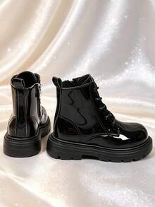 1 Pair Girls' Boots, Soft Mirror PU Material, Soft Sole With Height Increase And Inner Zipper Design, Fashionable British Style Ankle Boots, Suitable For Boys And Girls Students Daily School And Holiday Wear, Autumn/Winter New Style - Black - View 4