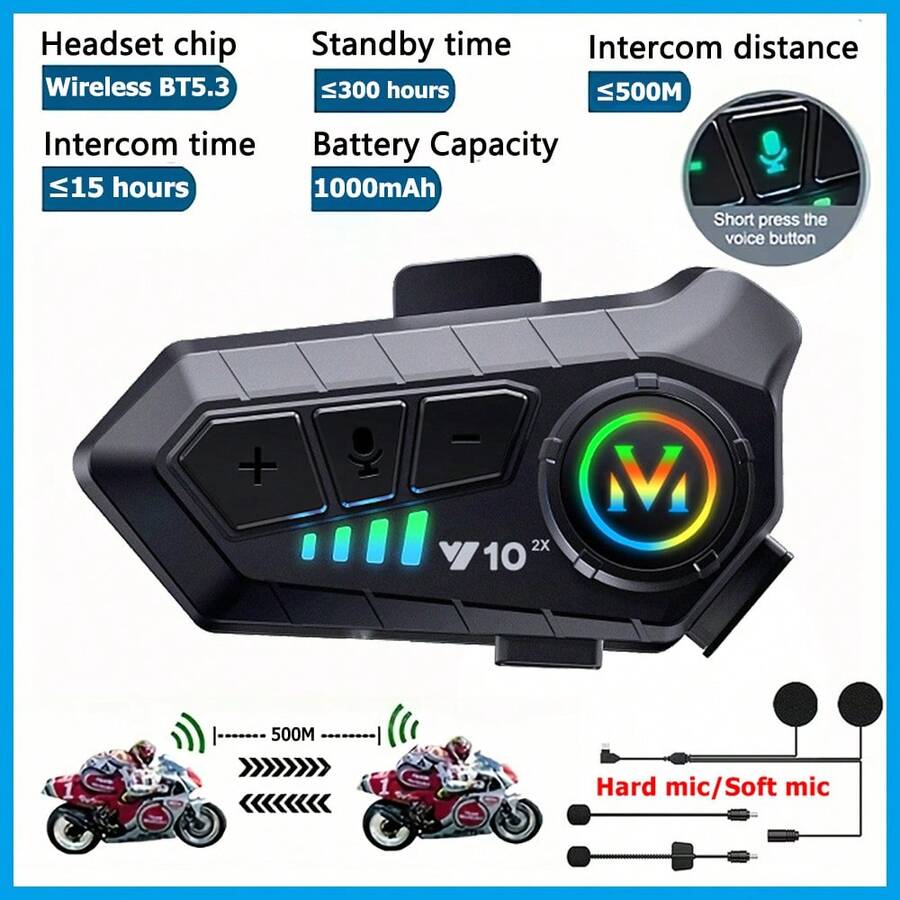 Y10 2X Motorcycle Helmet Wireless Headset, Supports Bluetooth 5.3 Wireless Connection, Intelligent Noise Reduction Technology, HiFi Audio Quality, Supports Simultaneous Connection Of Two Phones, Supports AI Voice Assistant, Built-In 1000mAh Large Capacity Battery, Equipped With Different Types Of Microphones, Suitable For All Helmet Styles, Preferred Equipment For Outdoor Riding