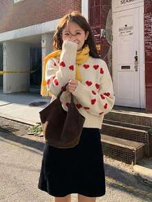 Women's Autumn/Winter Heart Jacquard Casual Crew Neck Slouchy Sweater - Apricot - View 5