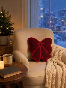 Burgundy Bow Decor Throw Pillow, Sweet Style Ribbon Cushion, Suitable For Sofa Chair Bed, Christmas Holiday Home Decor Accent - Multicolor - View 1