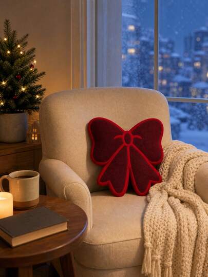 Burgundy Bow Decor Throw Pillow, Sweet Style Ribbon Cushion, Suitable For Sofa Chair Bed, Christmas Holiday Home Decor Accent