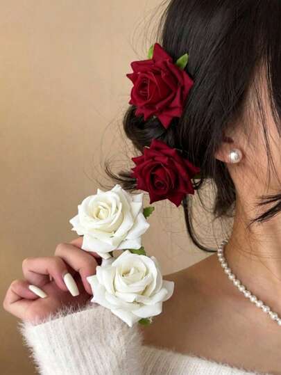 4 Pcs/1 Pc Women's Bohemian White & Red Rose Flower Hair Clip, Luxury Vintage Floral Hair Accessory, Pure Aesthetic Mori Girl Style, Faux Flower Alligator Hair Clip For Photography