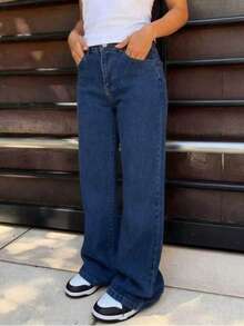 Teen Girls Pocketed Straight Loose Casual Versatile Jeans - Blue - View 3