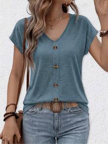 2pcs Plus Size Women's Casual V-Neck Button Front Short Sleeve Tops, Autumn Knit Basic T-Shirts - Yellow + Dark Blue - View 3