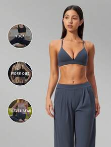 MFVIM Women's Solid Color Bra + Leggings 2 Pieces Set, Versatile Outdoor Running Sports Fitness Outfit - Dusty Blue - View 6