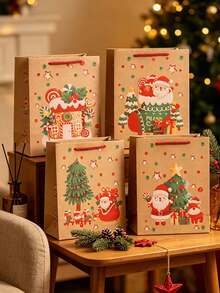 24pcs Set Of Christmas-Themed Printed Kraft Paper Gift Bags-Perfect For Party Favors, Table Decorations, Guest Gifts, And General Gift-Giving; An Ideal Choice For Holiday Gift Packaging. - Multicolor - View 8