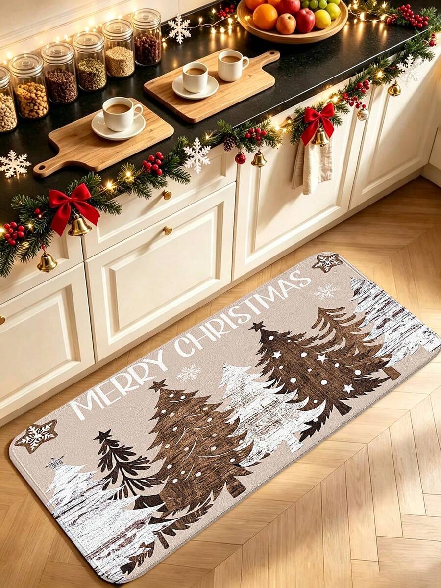 1pc Vintage Wood Grain Christmas Tree Pattern Kitchen Mat, Soft Comfortable Thick Fabric With Good Foot Feel, Easy Care Washable, Foldable Easy Maintenance Carpet Rug, Suitable For Kitchen Dining Room, Kitchen Carpet, Laundry Room Mat, Bathroom Rug, Welcome Mat, Kitchen Carpet, Small Rug, Fashion Home Decor, Christmas Home Gift Welcome Mat, Christmas Home Decoration Foot Mat - Multicolor - View 1