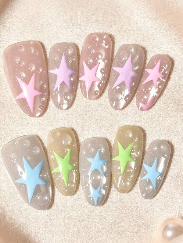 10Pcs Medium Almond Press On Nails Set, Dopamine Cute Translucent Bubble Colorful Five Point Star, Versatile Glossy Removable False Nails For Girls Party Photo Daily, With Jelly Glue & Nail File