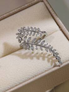 1pc Exquisite Copper Inlaid Zirconia Open Leaf Ring, Women's Engagement Jewelry Gift - Ring - View 4