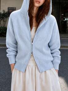 Women's Casual Minimalist Waffle Knit Hooded Cardigan Sweater Jacket, Autumn/Winter - Baby Blue - View 1