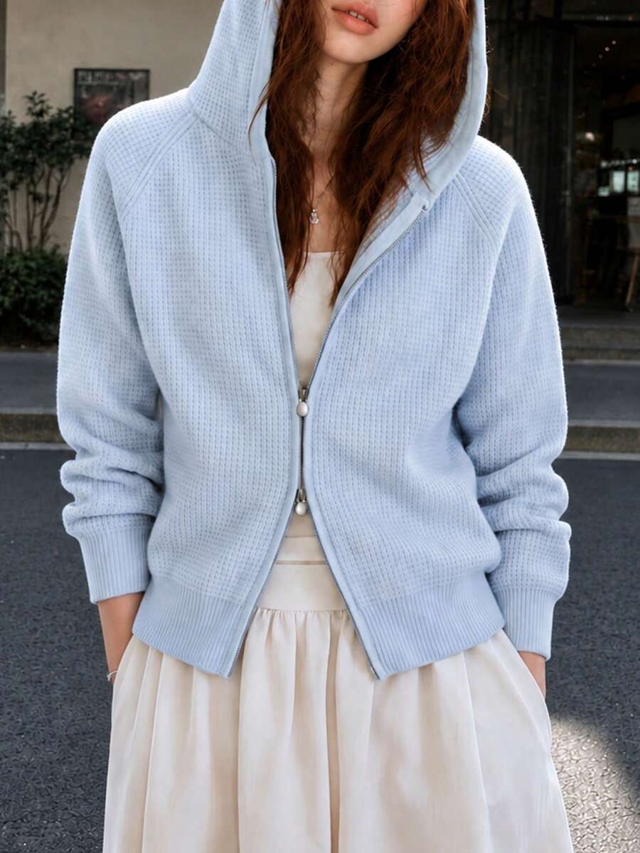 Women's Casual Minimalist Waffle Knit Hooded Cardigan Sweater Jacket, Autumn/Winter - Baby Blue - View 1