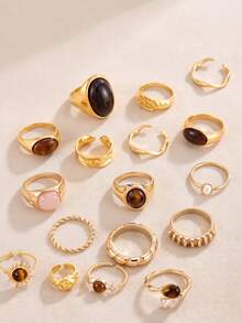 17pcs Vintage Maillard Style Alloy Tiger Eye Stone Faux Pearl Hammered Twisted Open Ring Set, Suitable For Women's Daily Commute, Date, Party, Autumn/Winter Wear - Gold - View 3