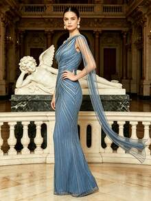 Teal One-Shoulder Sequin & Bead Embellished Evening Gown With Cape Sleeves And High Slit, Suitable For Parties, Weddings, Occasions, Weddings - Lake Blue - View 10