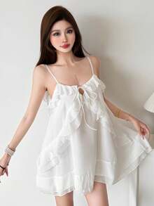 Top Dazzle Women's Spaghetti Strap Black Casual Ruffle Mini Sun Dress - White - View 4