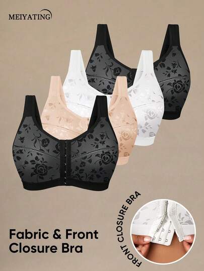 MEIYATING 4pcs Women's Full Coverage Plus Size Front Closure Push Up U-Back Soft Bras