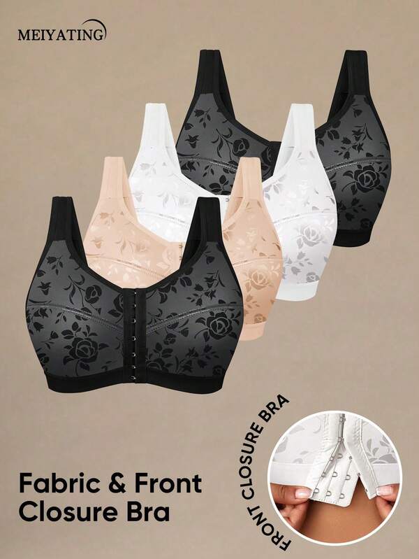 MEIYATING 4pcs Women's Full Coverage Plus Size Front Closure Push Up U-Back Soft Bras