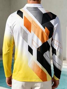 Men's Geometric Print Long Sleeve Polo Shirt - Multicolor - View 3