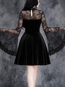 Women's Gothic Sexy Dark Vintage Halloween Witch Cosplay Lace Patchwork Velvet Elastic Dress - Black - View 3