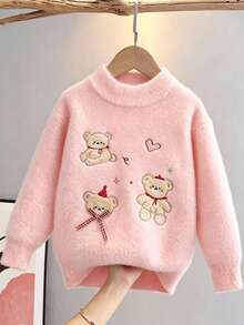 Girls' Pullover Sweater, Faux Mink Knit, Cartoon Design, Autumn/Winter New Style, Young Girl' Knit Sweater - White - View 1